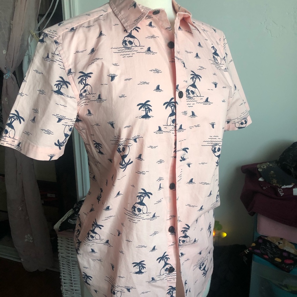 Pink Skull island themed T-shirt George button up.